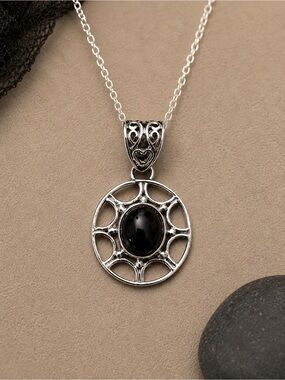 Black Onyx Sterling Silver Openwork Pendant Gothic Web EUC 1.5" L #642